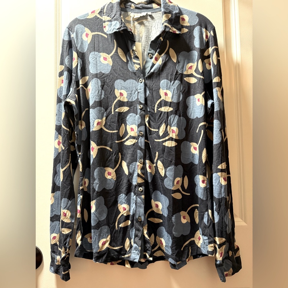 Boden Floral Button Down Shirt - Blue and Cream